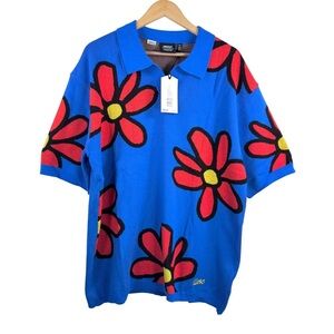 WESC Unisex Flower Knit Polo Shirt Suomi Blue Red Daisy Retro Men’s S Women’s M